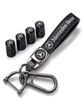 MERCEDES-BENZ Black Leather Car Keychain w Valve Caps - NEW